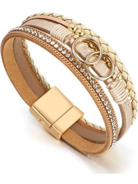 Anthropologie Gold and Beige Layered Rhinestone Bracelet
